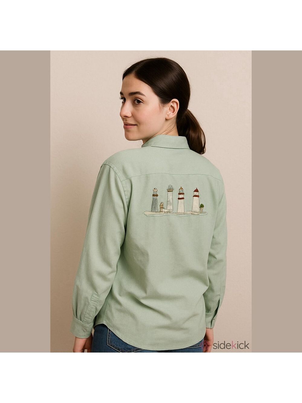 Vintage embroidered lighthouse shirt  Shacket soft pastel green cottagecore